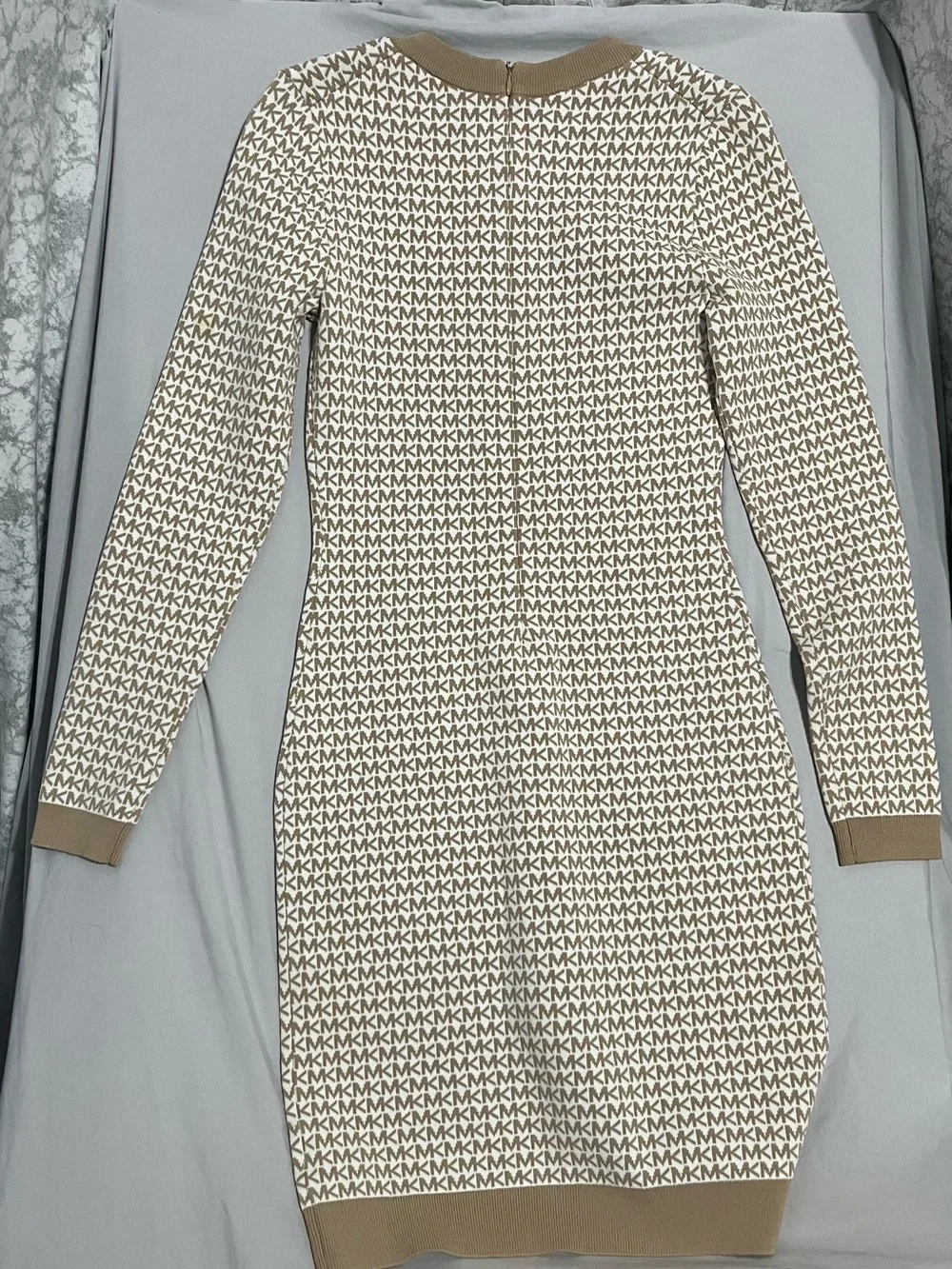 Michael Kors Taupe and Cream Logo Knit Long-Sleeve Dress
